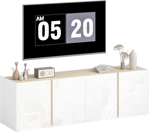 HOMCOM Meuble TV 135 cm, Meuble télé pour téléviseur jusqu'à 65 Pouces avec 4 Portes à Fermeture amortie, étagère réglable et Passe-câbles, Banc TV pour Salon, Chambre à Coucher, Blanc