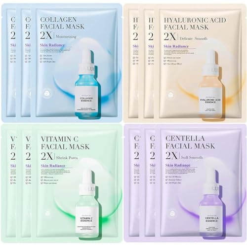 FlasshFrez 12 Pcs Essence Hydrating Sheet Face Mask Set - Moisturizing, Anti-Aging, Brightening Beauty Masks - Vegan Skincare for All Skin Types