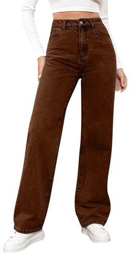 Women Jeans with Straight Leg High Waisted Stretchy Denim Pants Wide Leg with Pockets Ladies Loose Fit Jeans Vintage Trendy Denim Pants Streetwear Comfy Trousers Casual Jean for Everyday (b-Brown, XL)