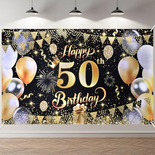 ANOMM 50. Striscione di compleanno in oro nero, decorazione per il 50° compleanno, per interni ed esterni, decorazione di compleanno extra grande (180 x 110 cm)