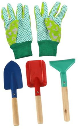 iplusmile Juego de Herramientas de Jardinería para Niños, 4 Piezas Pala Punta, Pala Cuadrada y Rastrillo de Madera, Guantes para Niña y Niño, Portátil para Juegos al Aire Libre y Plantación en Jardín