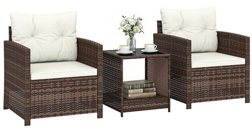 Outsunny Set da Giardino 3 Pezzi in Rattan PE e Acciaio, Set 2 Poltrone con Cuscini e Tavolino da Caffè con Piano in Vetro, Set di Mobili da Balcone, per Patio e Cortile, Marrone e Crema