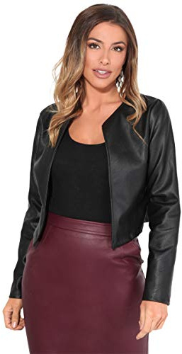 KRISP Faux Leather Jacket for Women Cropped Open Style All Occasion PU Blazer (UK, Alpha, XL, Regular, Regular, Black)