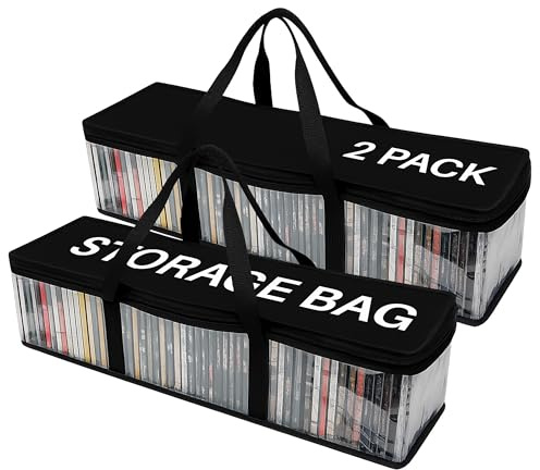 Evelots CD Storage Bags (2 Pack) Clear PVC Plastic Media Carrying Case with Zipper - Holds 100 CDs Total - Strong Handles - Protects CDs, Video Games, Music from Dirt & Moisture