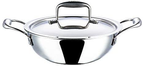 Vinod Platinum Kadai Triply Stainless Steel | Suitable for Indian Cooking, Sauces, Stews, Soups | Deep/Extra Deep Kadai with Lid | Induction, Electric Friendly (Extra Deep Kadai, 20cm)