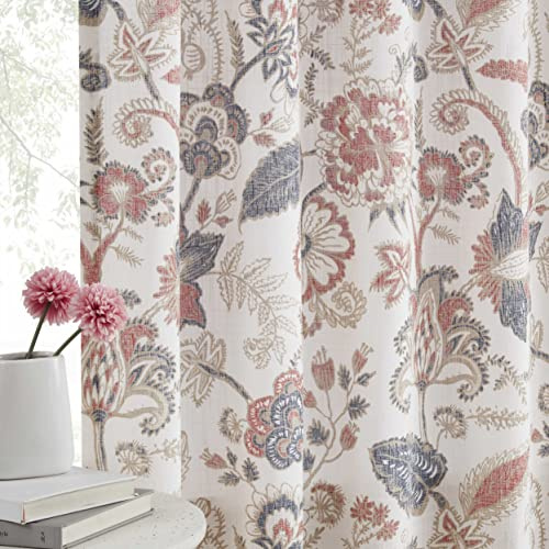 Kayne Studio Backtab Rod Pocket Jacobean Floral Semi Sheer Curtains Botanical Leaf Printed Vintage Farmhouse Navy Red Light Filtering Window Treatment Sets Living Room Bedroom,52x84,2 Panels