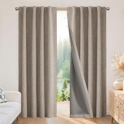 Joydeco 100% Blackout Curtains for Bedroom，Natural Linen Curtains, Thermal Insulated Linen Light Blocking Drapes, Rod Pocket & Back Tabs, Darkening Privacy for Living Room, 52 W x 96 L (Pack of 2)