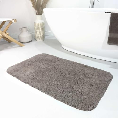 Wecon Home Moderner Flauschiger und waschbarer Badezimmerteppich aus Baumwolle - Ole (70 x 120 cm, Taupe)