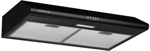 SOONYE 30 inch Black Under Cabinet Range Hood, Stainless Steel Slim Kitchen Vent Hood Ducted/Ductless Convertible with 3 Speed Controls, 5-Layer Aluminum Filters,LED Lights