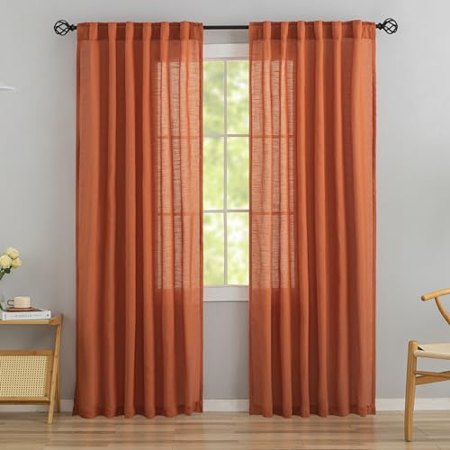 Autumn Burnt Orange Linen Back Tab Curtains 90 Inches Long 2 Panels for Dining Cottage- Soft Light Weight Airy Semi Privacy Sheer Curtains Hooks Pocket Light Filtering Curtains 52 Width x 90 Length