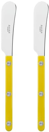 SABRE PARIS – uppsättning av 2 smörknivar 14 cm – bistroröd – perfekt för smör, bredbar – rostfritt stål och nylon – diskmaskinssäker – gul