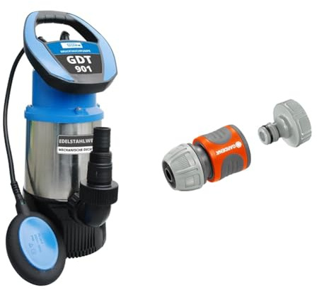 Güde 94246 Drucktauchpumpe GDT 901 & Gardena Pumpen-Anschlusssatz: Schlauchkupplung zum schnellen Anschluss von 13 mm (1/2 Zoll)-Schläuchen an Pumpen mit 33,3 mm (G 1 Zoll)-Außengewinde (1750-20)