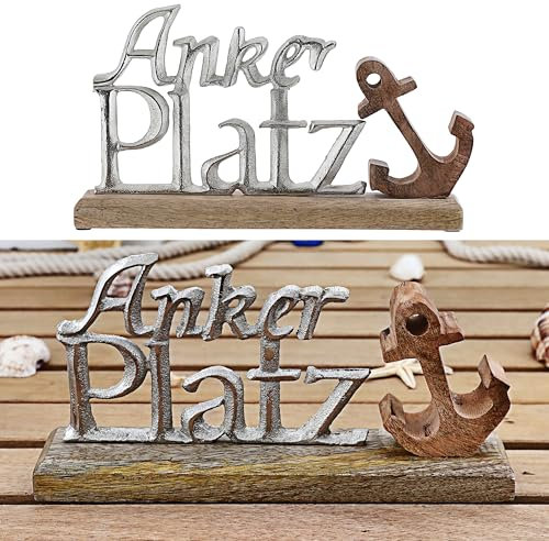 Cepewa Schriftzug 'Liegeplatz' Anker Silber | 25x15x5cm Mangoholz Aluminium | Dekoaufsteller Tischdeko Aufsteller maritim (1 x Schriftzug Ankerplatz Anker Silber 31x19cm)