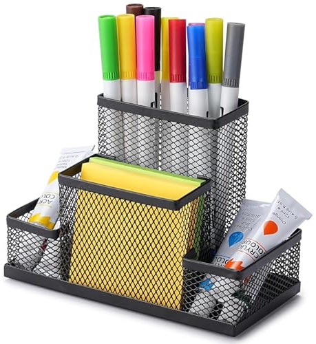 TECHZOCO Organizador de escritorio lápices y notas metálico, Portalápices metálico, Soporte para útiles de escritura, Organizador de escritorio multiuso, 15 cm de largo x 10 cm alto, Negro