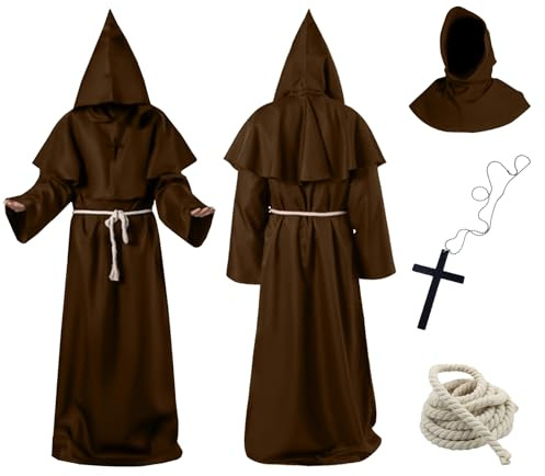 Aitsite Disfraz de Monje Sacerdote, Túnica Medieval Renacentista con Collar de Cruz y Cinturón, Capucha, Disfraces de Sacerdote para Carnaval Cosplay Party(Marrón-M)