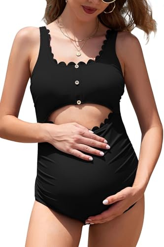SHEKINI Costume da bagno da donna Premaman Scalloped One Piece Cut Out Gravidanza Costume da bagno, Nero , S