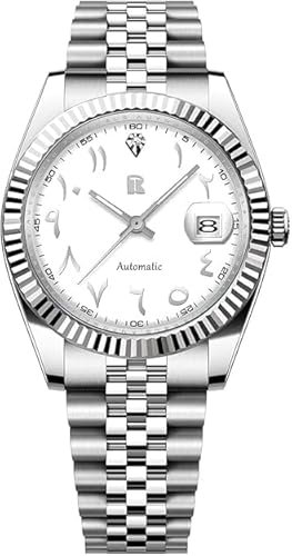 TAYSHILEY Herrenuhren 39 mm Automatik Edelstahl Mechanische Armbanduhr für Männer Arabische Ziffern Zifferblatt Schraubkrone Auto Datum (White RT-128New)