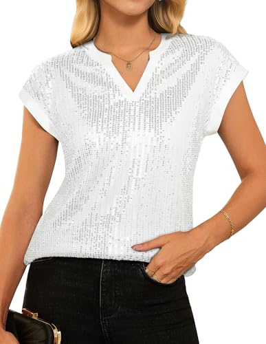 GRACE KARIN Paljetter Toppar för Kvinnor UK V-hals Keps Ärm Glittrig Party Blus, SILVER, L