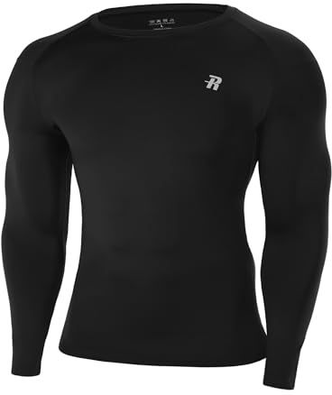 Runhit Men's Black Compression Long Sleeve T Shirt, UPF 50+ Quick Dry Sport Base Layer Tops, Mens Football Underlayer for Running Gym Cycling Golf Training M