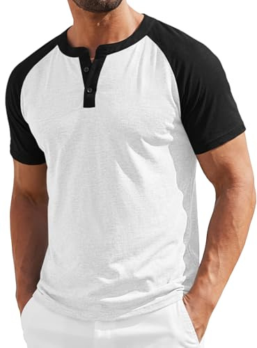 Runcati Mens Henley Shirts Raglan Short Sleeve Casual Baseball Tees Summer Classic Color Block Workout T- Shirts White