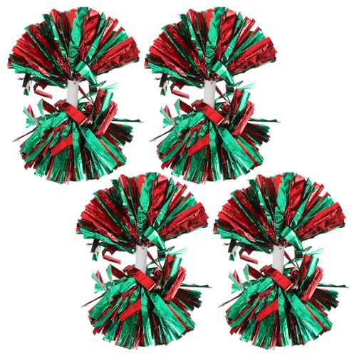 Didiseaon Lot de 4 Pompons de Cheerleading Moyens Rouge et Vert avec Poignée Accessoires Scintillants pour Équipes Sportives Danse et Événements Scolaires