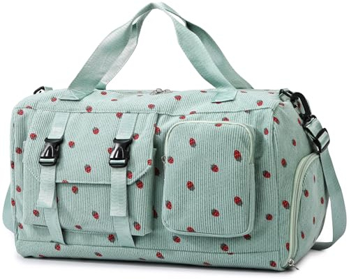 unisoul Corduroy Sports Gym Bag for Women Girls with Shoes Compartment | Foldable Strawberry Overnight Weekend Travel Bag, Wet Pocket, Cute Dance Swimming Bag with Luggage Sleeve, Green