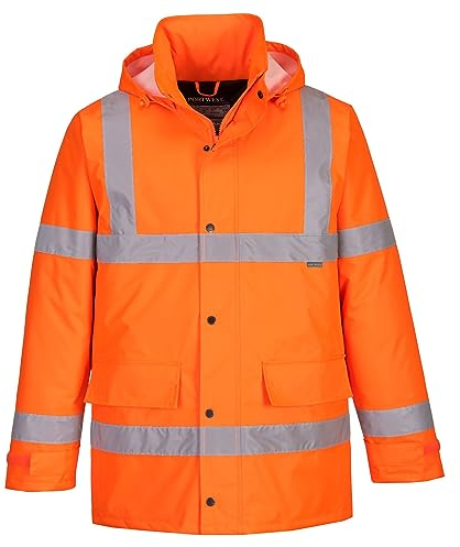 Portwest S460 Men's Winter Traffic Jacket Hi Vis Hooded Work Coat Reflective Fully Lined Zip Safety Utility Waterproof Reflective Workwear Orange, Large