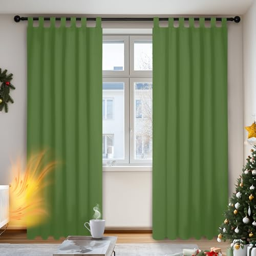 Deconovo Solid Thermal Insulated Blackout Curtains Tab Top Curtains for Bedroom 140x245cm Green 1 Pair