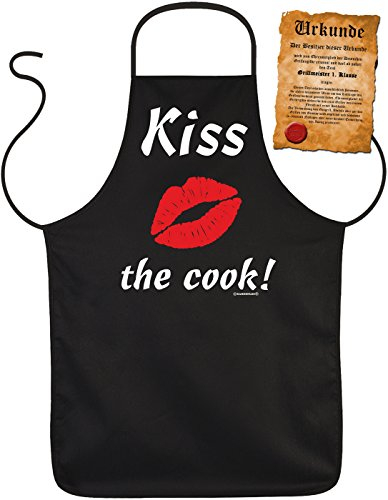 Grill-Schürze Kiss the cook BBQ Fun Koch-Schürze geil bedruckt Geschenk-Set mit Grillmeister-Urkunde