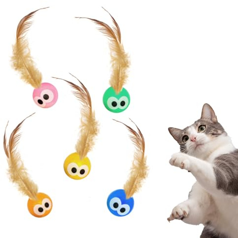 Bouncy Tails 5 Pack Interactive Bouncy Ball with Natural Feathers for Indoor Cats and Kittens who Love to Play and Have Fun.