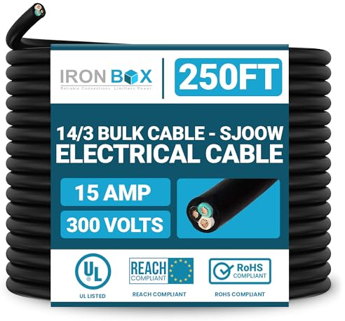 IronBox Electric 14/3 Bulk Cable - SJOOW Electrical Cable - 3 Wire Conductor, 15A, 300V - Water and Oil Resistant - Heavy Duty Portable Outdoor Extension Cord for Generator, HVAC System & More (250ft)
