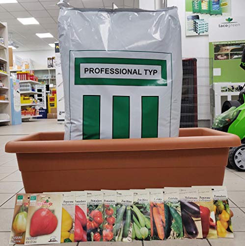 Vialca KIT PER LA CREAZIONE DI UN ORTO A CASA VASO FIORIERA+SOTTOVASO IDEL, TERRICCIO PROFESSIONALE DA SEMINA E BUSTA SEMI BIOLOGICI VARI A SCELTA (SEMI POMODORO CILIEGINO)