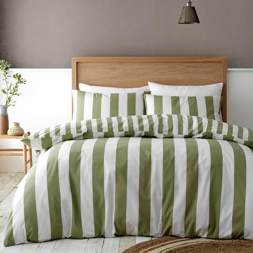 Catherine Lansfield Cove Stripe Reversible King Duvet Cover Set with Pillowcases Green