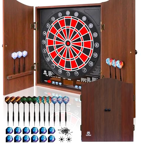 Electronic Dart Board LED Electric Digital Scoreboard Dart Boards for Adults with MDF Cabinet, 355 Variations - 12 Soft Tip Darts & 100 Replacement Tips