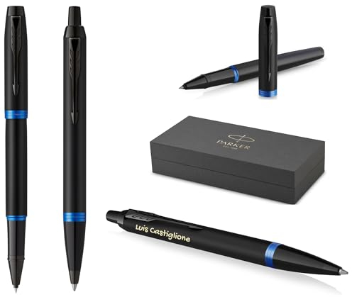 PARKER IM Professionals Vibrant Rings Set Tintenroller und Kugelschreiber mit Gravur | Premium Stift | Geschenkbox | personalisiertes Geschenk | Namen | graviert | Geburtstag (Blue PVD)