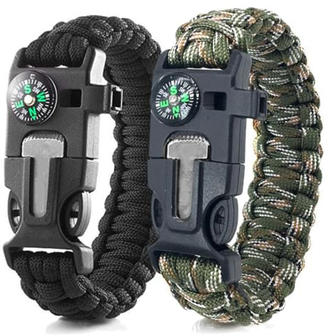 WJRQD Bracelets de Survie en paracorde (Lot de 2) ，5 in 1 Allume-feu en Silex et Acier, sifflet, Boussole, Longueur de Bracelet réglable pour Camping, Survie en Pleine Nature