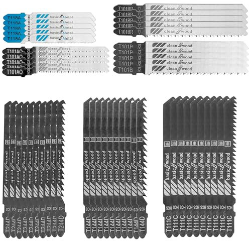 Gasea Juego de 50 Hojas para Sierrade Calar, Hojas de Sierra para Caladora VáStago en T con Estuche de Almacenamiento Accesorio de Sierra de Calar para Corte de Madera, PláStico y Metal (T)