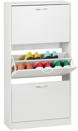 Relaxdays shoe cabinet, HxWxD: 116 x 60 x 24 cm, for 18 pairs, 3 flaps, narrow shoe tipper, hallway shoe chest of drawers, white