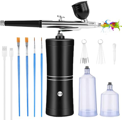 Tragbare Airbrush Kit, Wiederaufladbare Handheld Airbrushpistole mit Bürste, Mini Airbrush mit Kompressor für Nageldesign Kuchendekoration, Makeup, Tattoo-Modellierung, Modellfärbung (Schwarz)