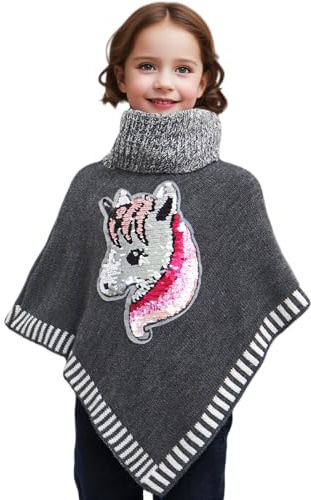Elim Poncho fille en tricot à col roulé avec paillettes licone de 4 ans à 14 ans (FR/ES, Âge, 6 ans, Taille normale, gris)