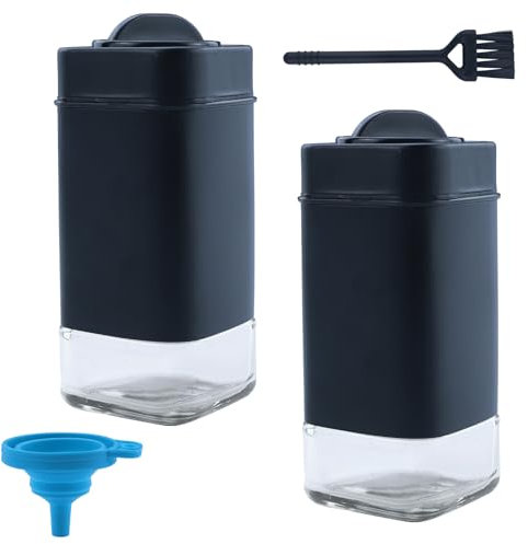 Set saliera e pepe in vetro, con fori regolabili, casa, ristorante, cucina, vetro vintage con coperchio, colore nero, con 1 imbuto in silicone blu e 1 spazzola per la pulizia