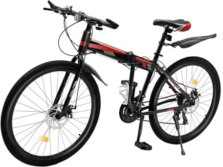 26 Zoll Klappbares Mountainbike 21-Gang Fahrrad Herrenfahrrad Rennrad Trekkingrad MTB Bike Sitzhöhe Einstellbar Scheibenbremsen Vorne Und Tragfähigkeit 120kg Mit Getränkehalter (Schwarz Rot)
