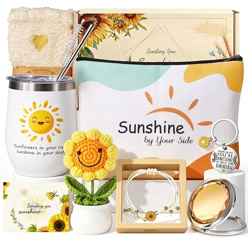 Regali di Girasole per Donna, Set Regalo di Compleanno Con Bicchiere, Braccialetto, Trousse, Regali di Compleanno per Donna, Moglie, Sorella, Migliore Amica, Cofanetto Regalo di Girasole Per Lei