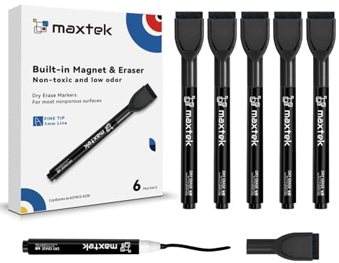 maxtek Magnetic Whiteboard Pens with Eraser, 6 Black Fine Tip White Board Markers Erasable, Low Odour Thin Dry Wipe Pens for School Office Home (Pack of 6)