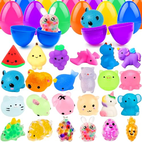 Chennyfun 24 Pcs Kit di Uova di Pasqua Giocattolo Riempite con Squeeze Toys, Mini Squishy Kawaii Giocattolo Frutta Animali, Jouet Anti Stress per Bambini, Regalo di Festa Compleanno Natale