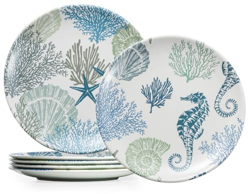 UNK U 10.5-Inch Ocean Theme Melamine Plates Set of 6, Nautical Seashell Dinner Plates, Dishwasher Safe Beach Party Plates for Coastal Dining & Special Events