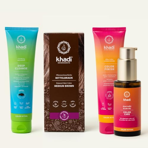 khadi Pflanzenhaarfarben ColorCycle Bundle – MITTELBRAUN Pflanzenhaarfarbe + Deep Cleanse Shampoo + Color Finish Conditioner + Color Care Haaröl