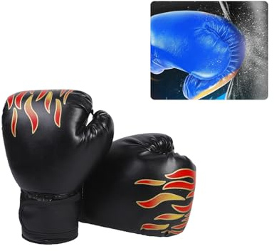 Kids Boxing Gloves Youth Training Gloves for Boys Girls Ages 3-12, 4oz 6oz PU Leather Sparring Gloves for Punching Bag Kickboxing MMA, Cool Flame Design Black Red Blue (Black)