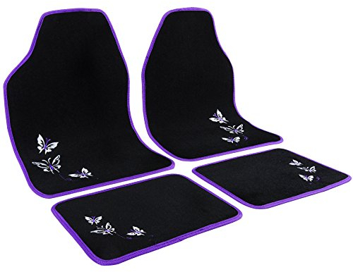 WOLTU Universal Car Floor Mats Set of 4 Car Floor Protectors Car or Van Carpet Covers Black Car Accessories with Butterfly Embroidery and purple Edging, 66x43cm, 30x41cm