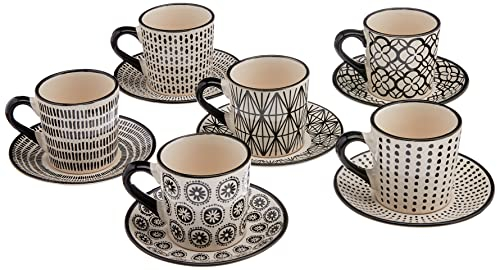 H&H Vhera – Set de 6 Tasses à Café avec Saucer, Stoneware, 90 cc, Élégantes et Pratiques, Parfaites pour Café, Espresso et Thé
